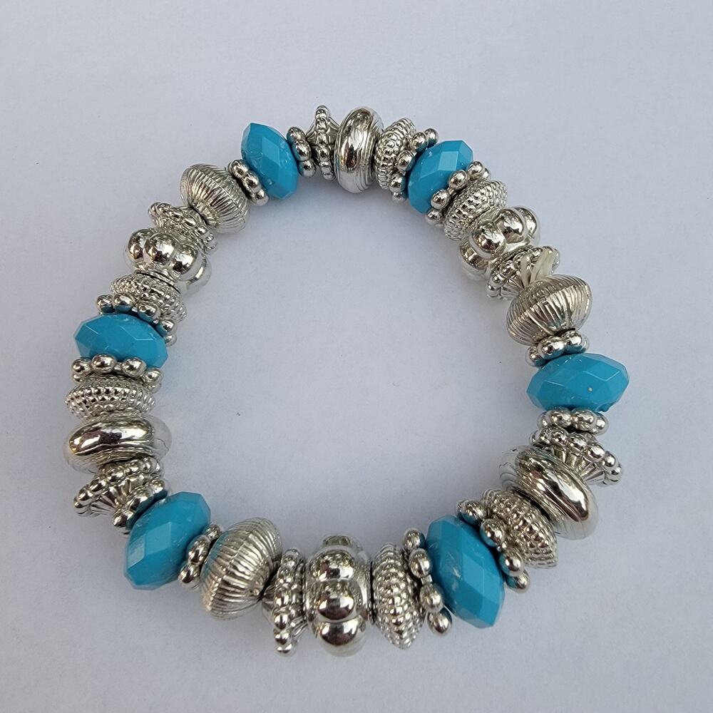 Vintage turquoise bead bracelet silver tone boho stretch chunky